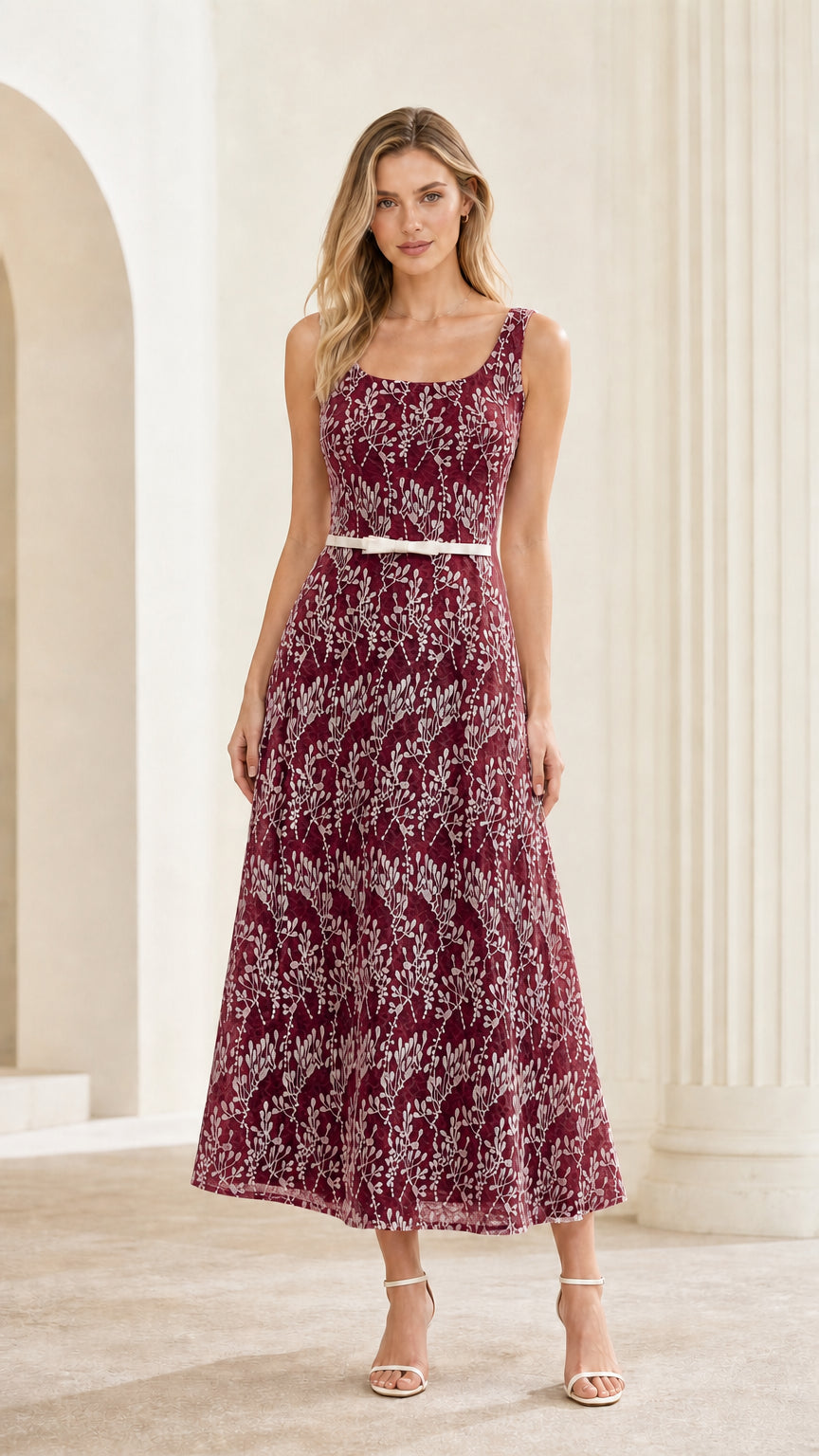 Front view of burgundy floral lace midi dress