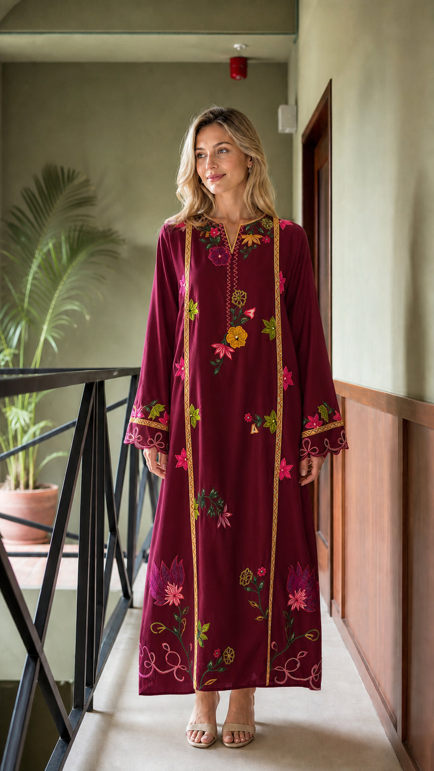 Model wearing Burgundy floral embroidered maxi kaftan dress