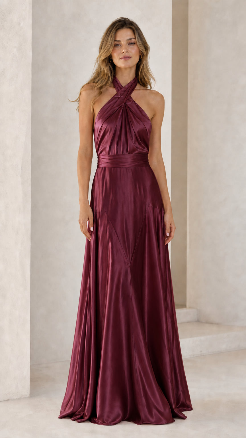 Full-length view of Burgundy halter cross-front backless satin maxi dress