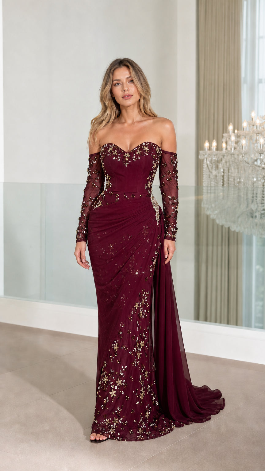 Full front view of burgundy evening gown variant