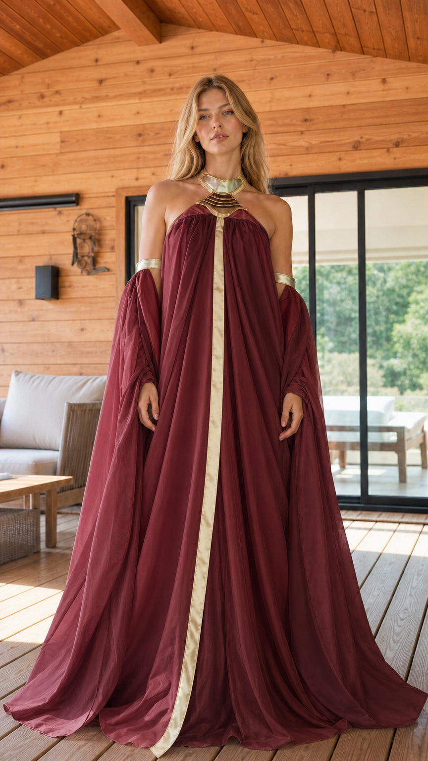 Full-length front view of burgundy red goddess halter gown with sculpted metallic collar