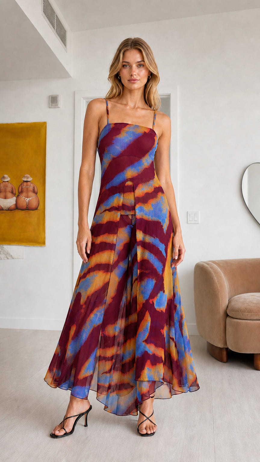Front view of model wearing Burgundy Multi abstract print chiffon tunic and pant set