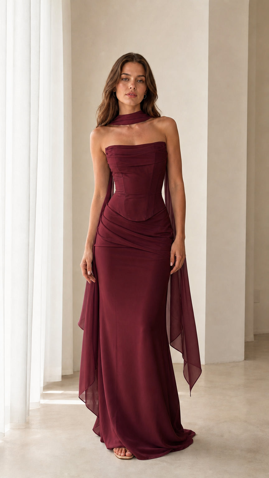Model wearing the Burgundy strapless corset maxi gown
