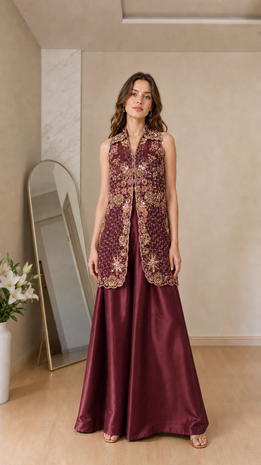 Front view of model wearing burgundy embroidered vest and satin palazzo set