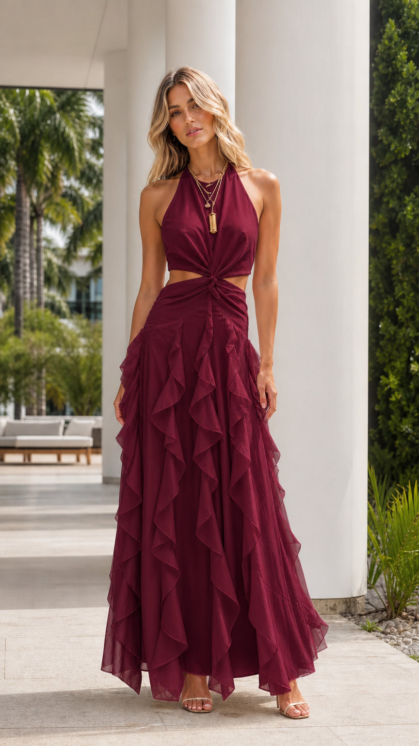 Burgundy halter neck cutout tiered ruffle elegant maxi dress