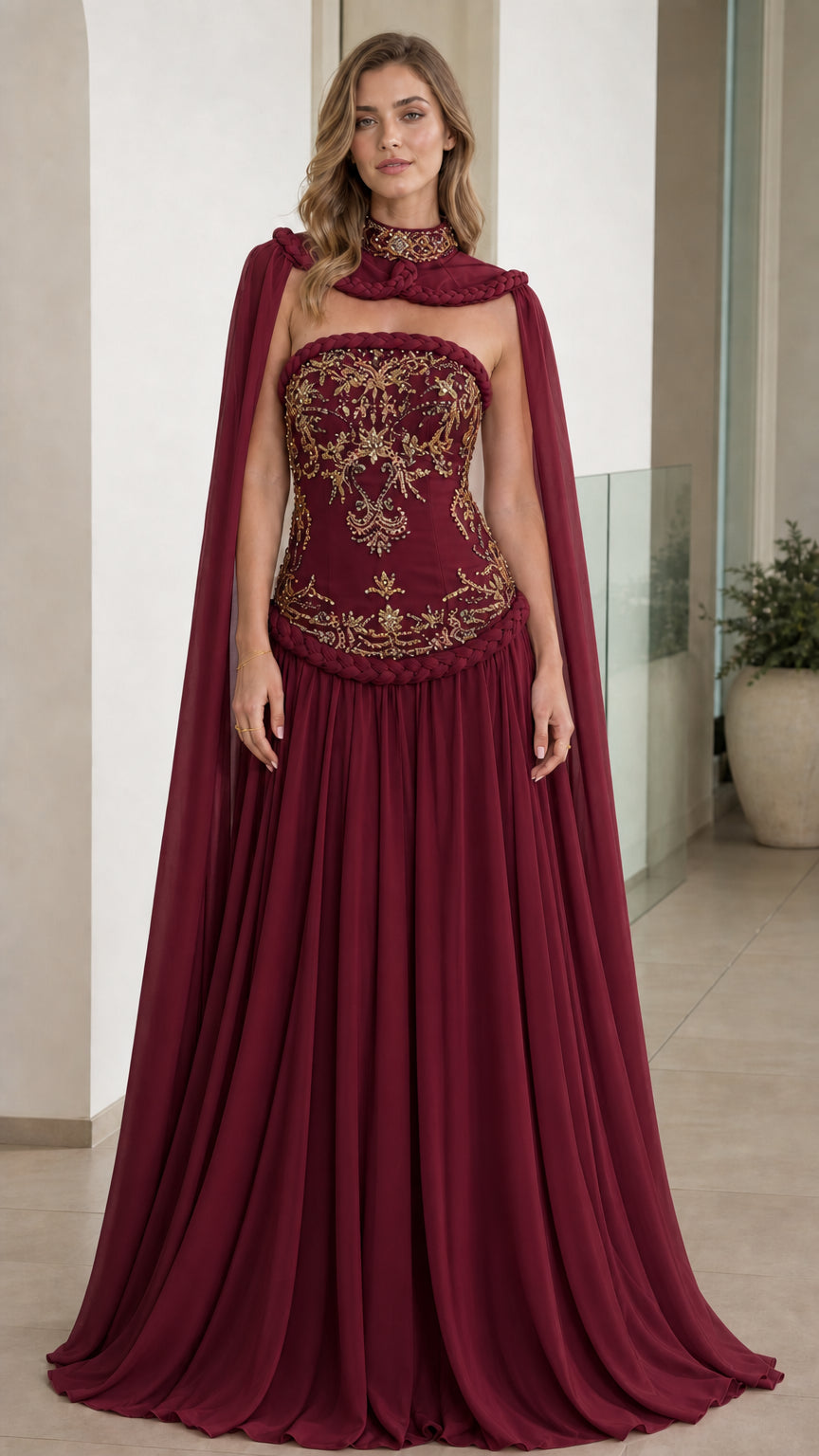 Front view of Burgundy embroidered corset gown with cape