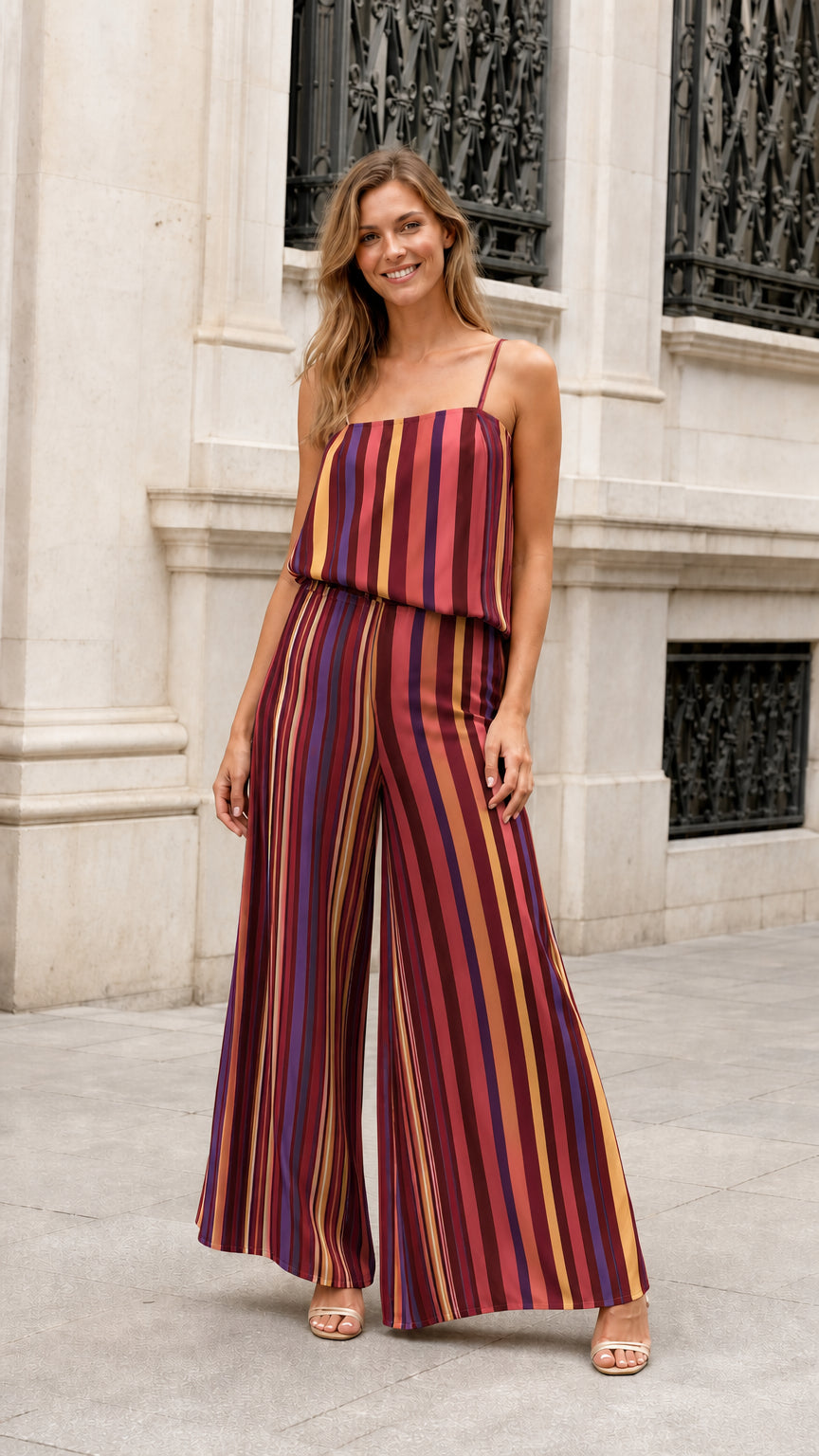 Full length view of model wearing Burgundy Stripe wide leg jumpsuit