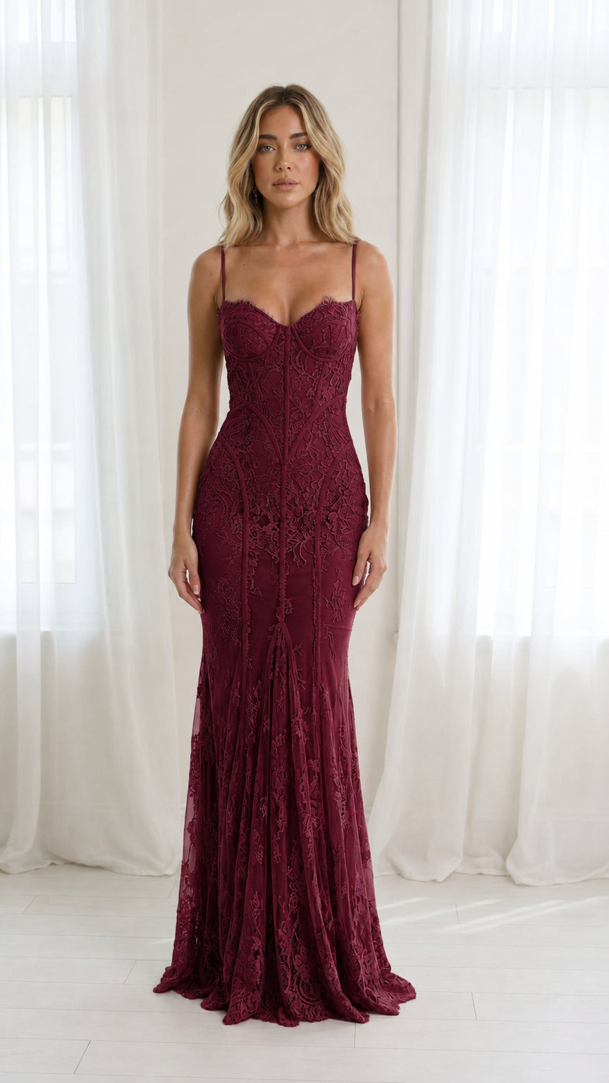 Front view of burgundy lace corset maxi dress