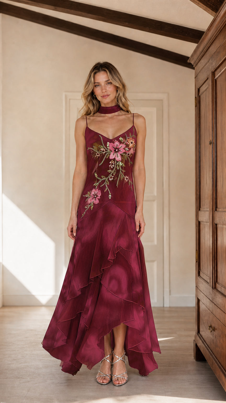 Burgundy wine red embroidered chiffon evening dress with neck scarf