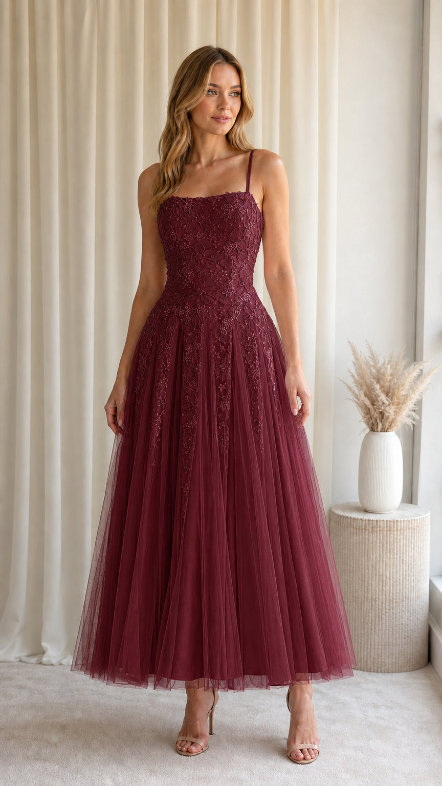 Front view of model wearing Burgundy wine red floral embroidered tulle cocktail dress