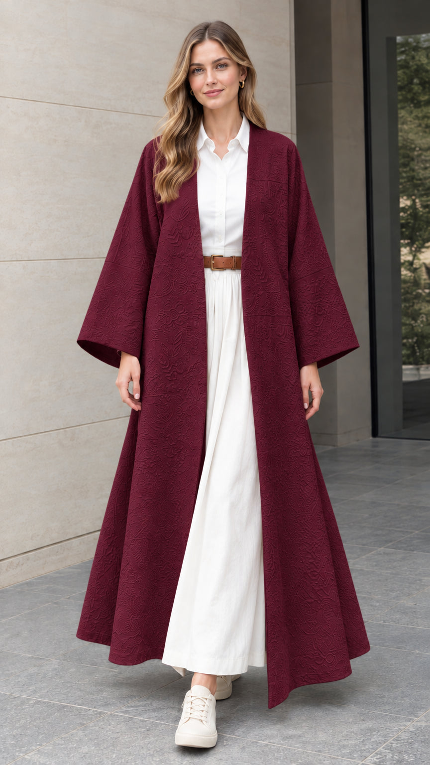 Front full-length view of woman wearing burgundy wine red textured maxi kimono duster