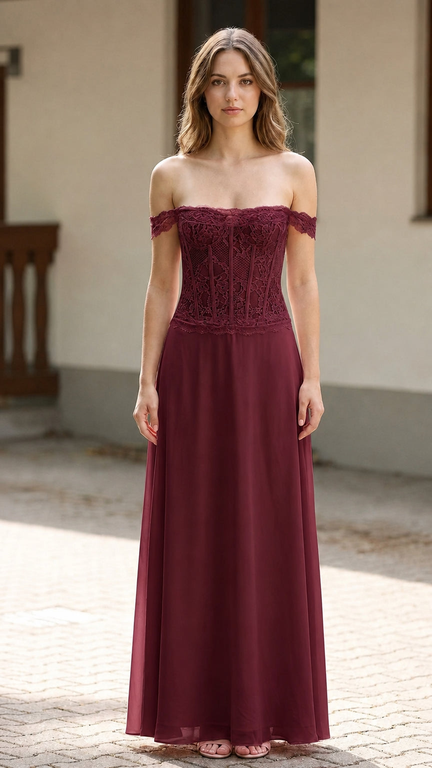 Front full-length view of deep burgundy wine lace corset evening maxi dress