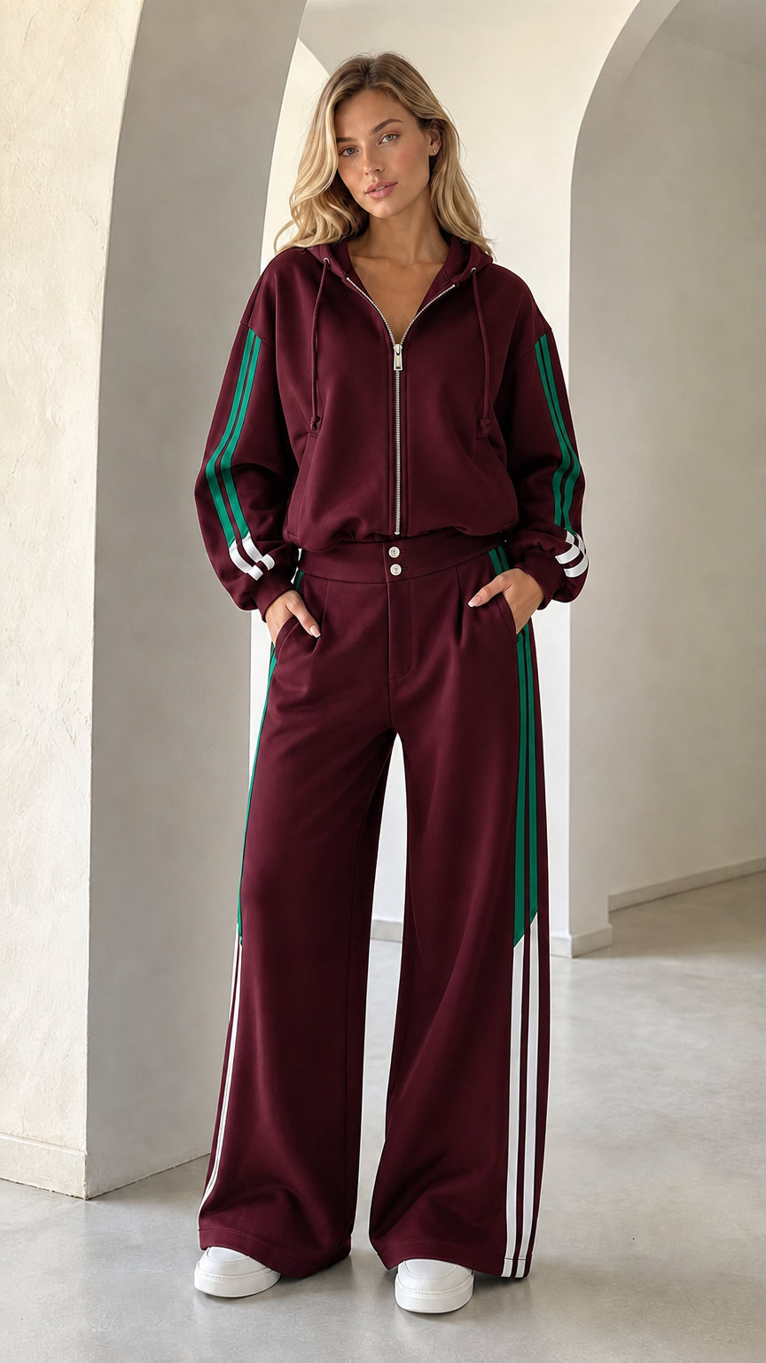 Full front view of woman wearing burgundy wine 2-piece wide leg tracksuit set
