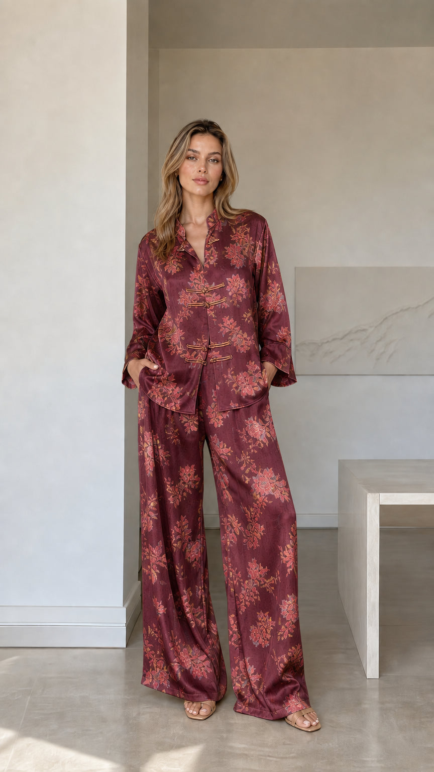 Model wearing burgundy red floral satin mandarin collar pajama set