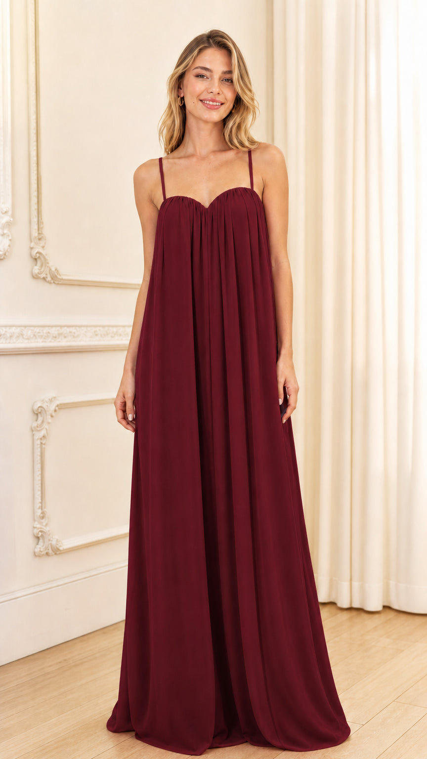 Front view of burgundy maxi dress