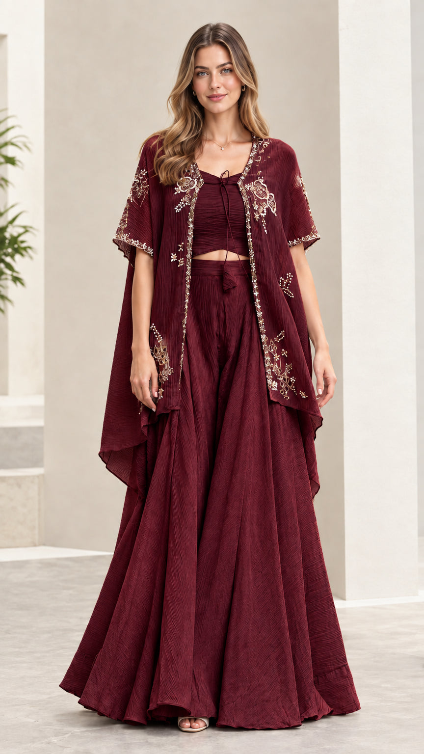 Burgundy wine red 3-piece embroidered cape and wide-leg set