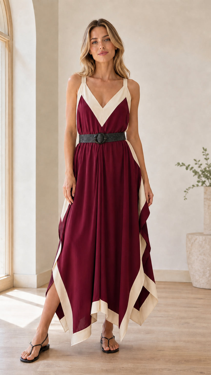 Model wearing Burgundy wine red handkerchief maxi dress with cream contrast trim