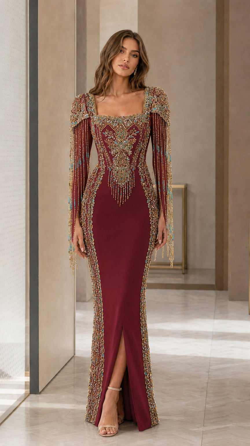 Burgundy evening gown front view for formal occasions