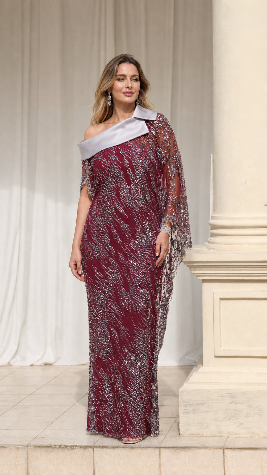 Burgundy wine sequin floor-length formal gown with capelet overlay