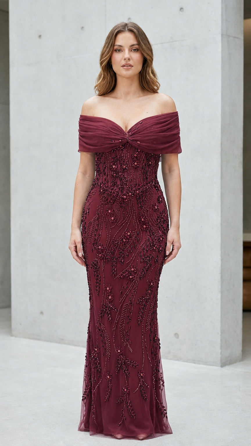 Burgundy variant of Off-Shoulder Beaded Evening Gown