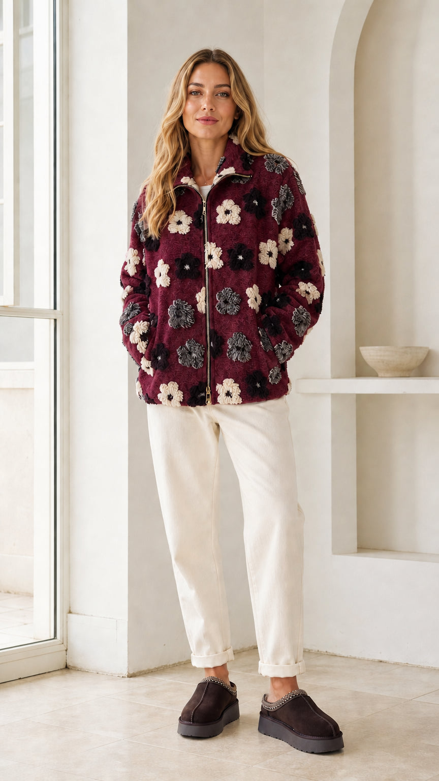 Model wearing burgundy red floral sherpa fleece zip jacket