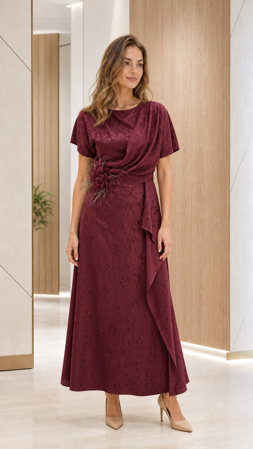 Front view of burgundy wine short sleeve jacquard maxi dress