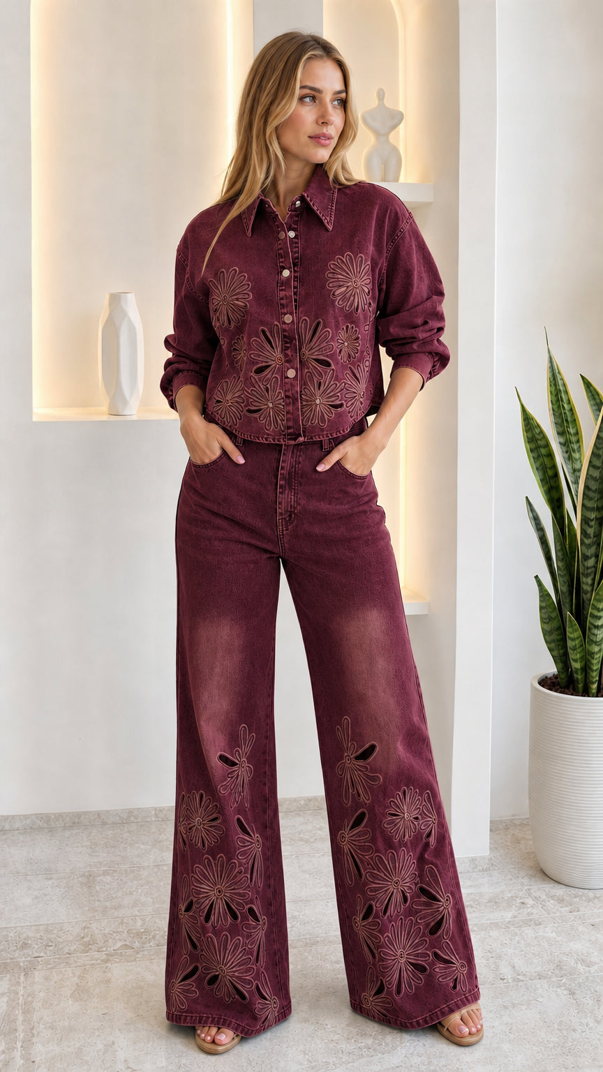 Model wearing burgundy wine red floral embroidered denim shirt and trousers set