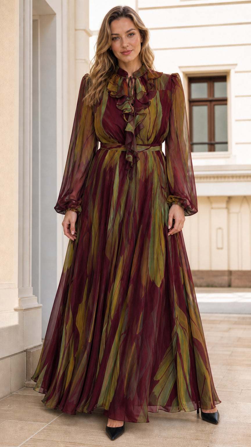 Full front view of burgundy chiffon maxi dress variant