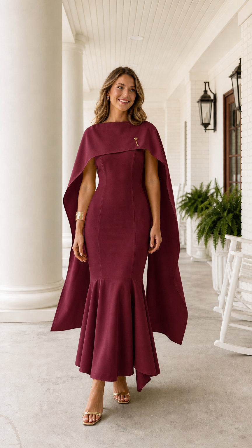 Model wearing deep burgundy red cape sleeve mermaid evening gown