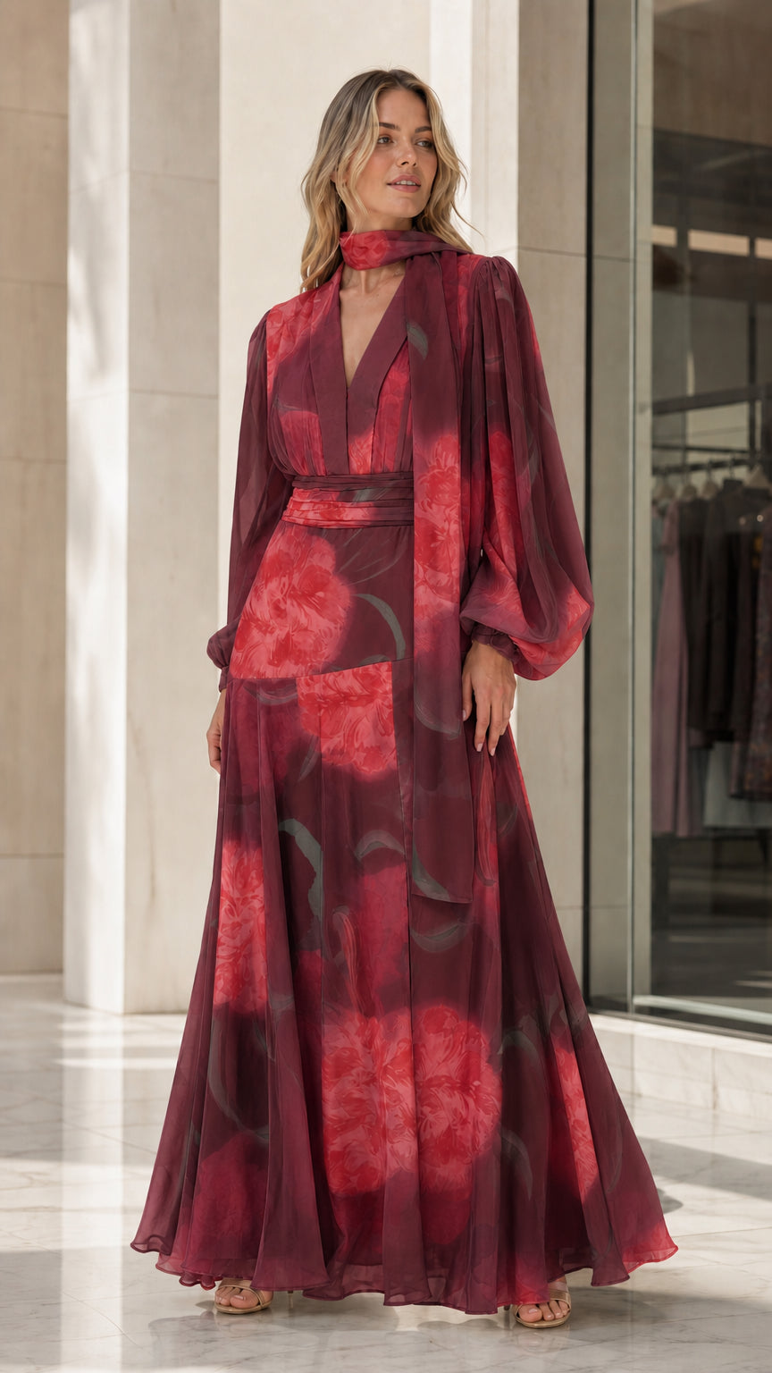 Full-length burgundy watercolor floral chiffon evening maxi dress