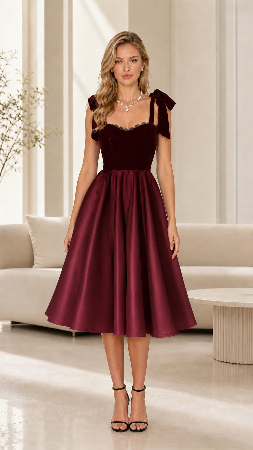 Front view of a burgundy vintage midi dress with bow shoulder straps