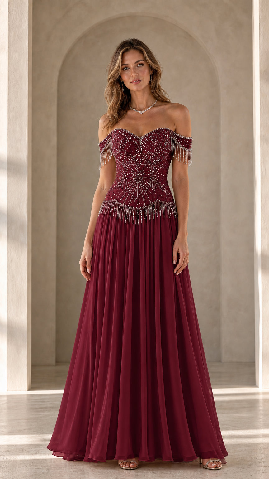 Model wearing burgundy variant of the off-the-shoulder beaded evening gown
