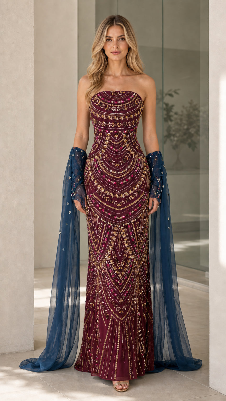 Burgundy color variant of beaded strapless evening gown