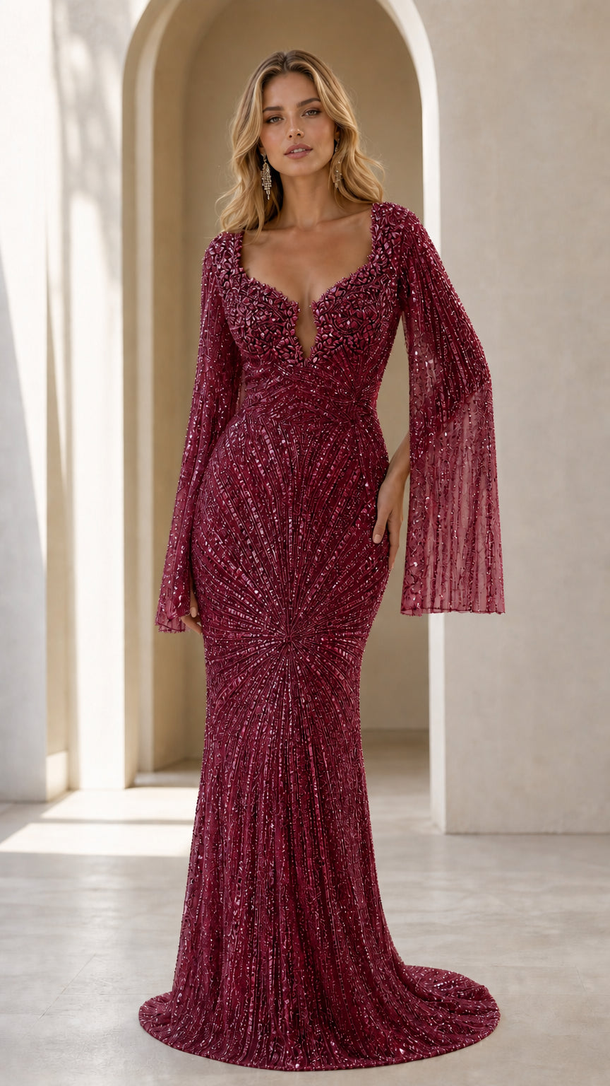 Model wearing rich burgundy wine beaded maxi gown with plunging neckline