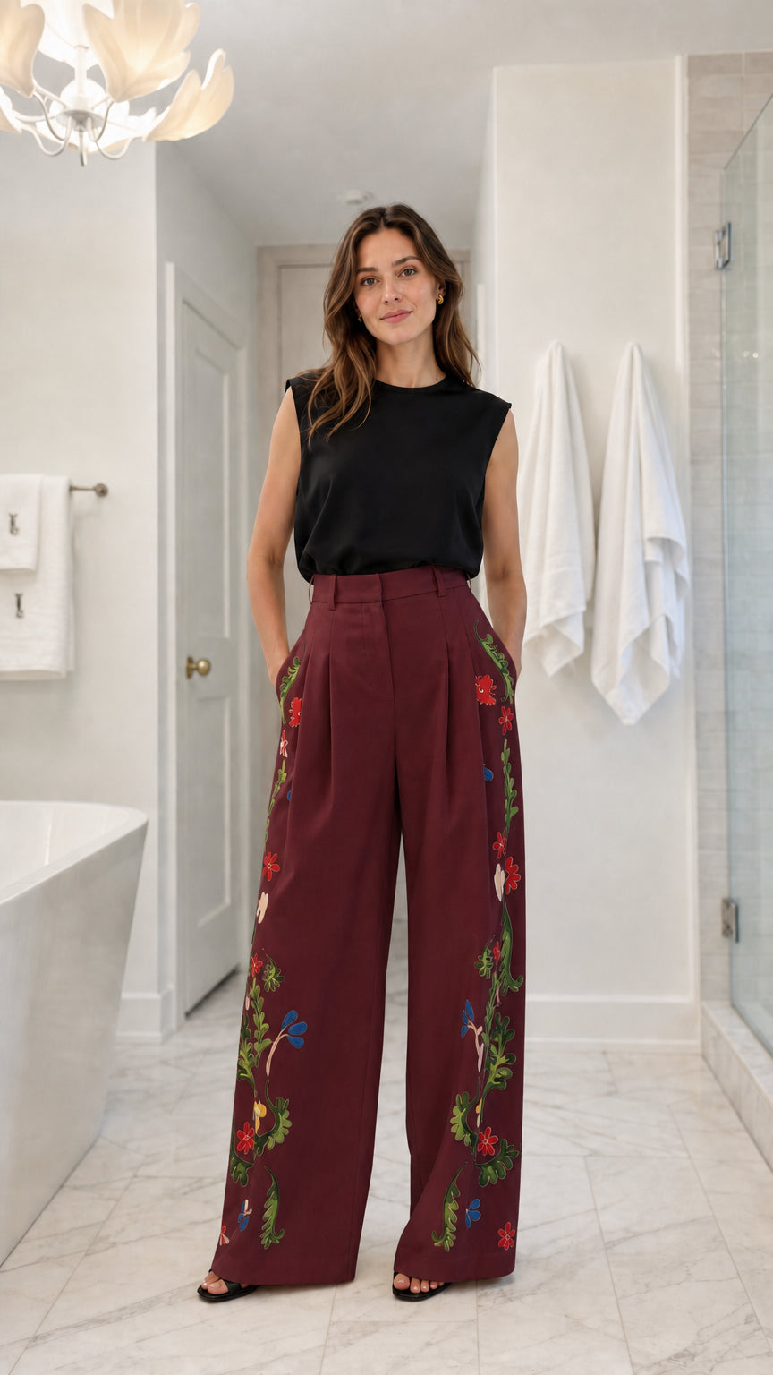 Front view of model wearing burgundy floral embroidered wide-leg trousers