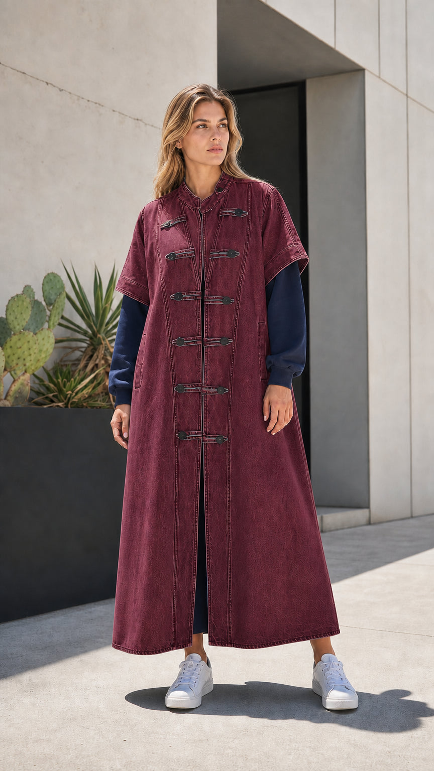 Full front view of burgundy wine red denim maxi duster vest coat