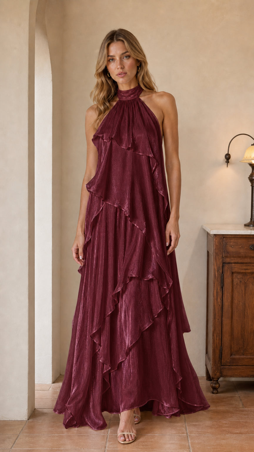 Burgundy wine halter neck tiered ruffle backless maxi gown