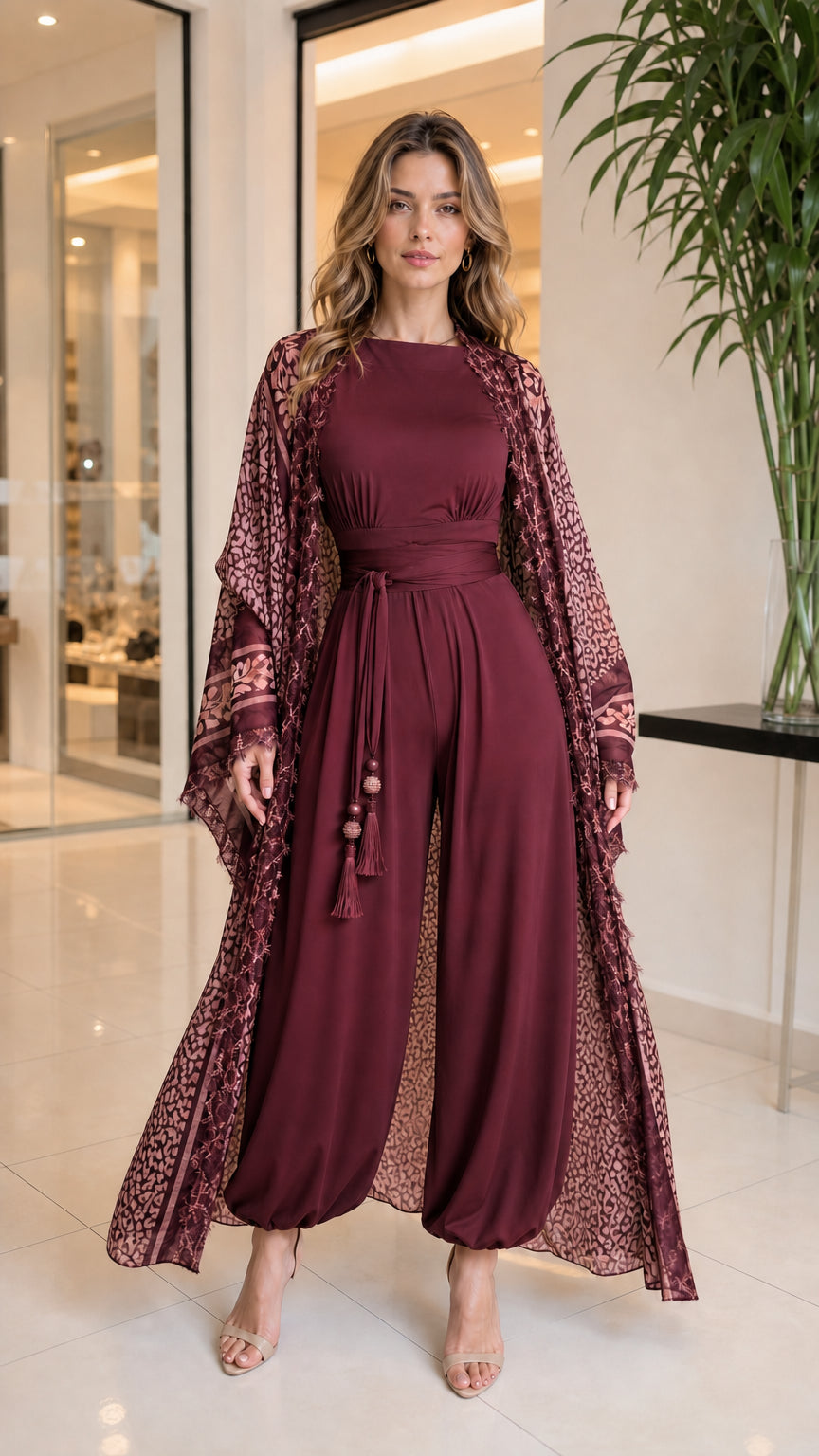 Burgundy wine 2-piece jumpsuit and printed duster set with tassel tie