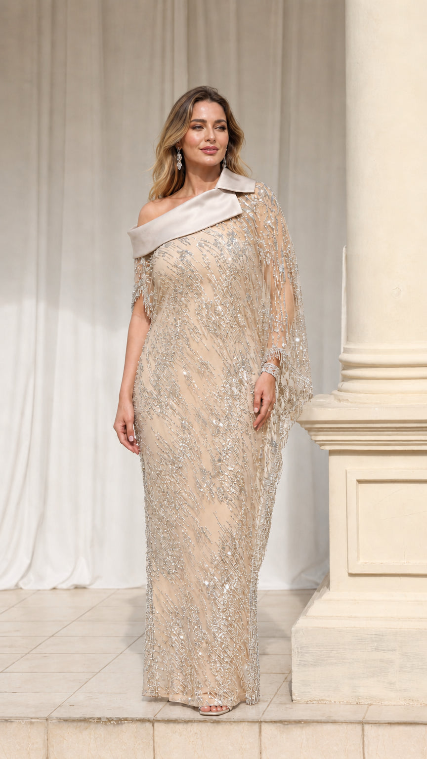 Champagne gold sequin embellished mother of the bride maxi dress