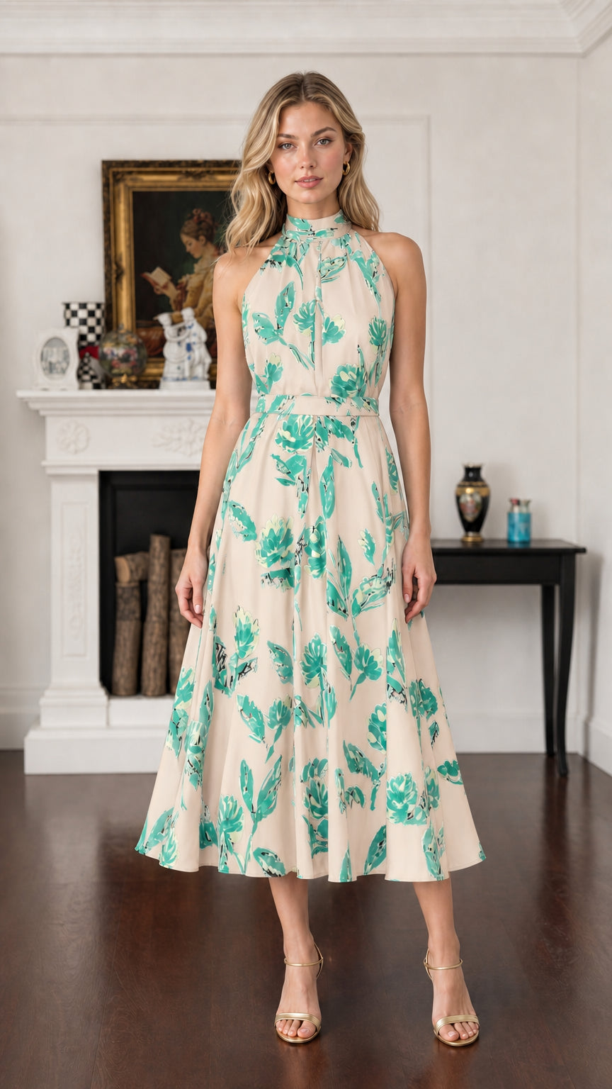 Model wearing Cream Floral pleated halter midi dress