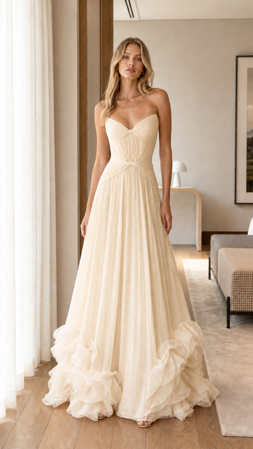 Model wearing Champagne ivory strapless sweetheart pleated tulle evening gown