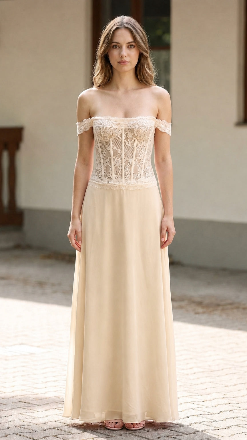Front full-length view of champagne beige off-the-shoulder corset formal dress