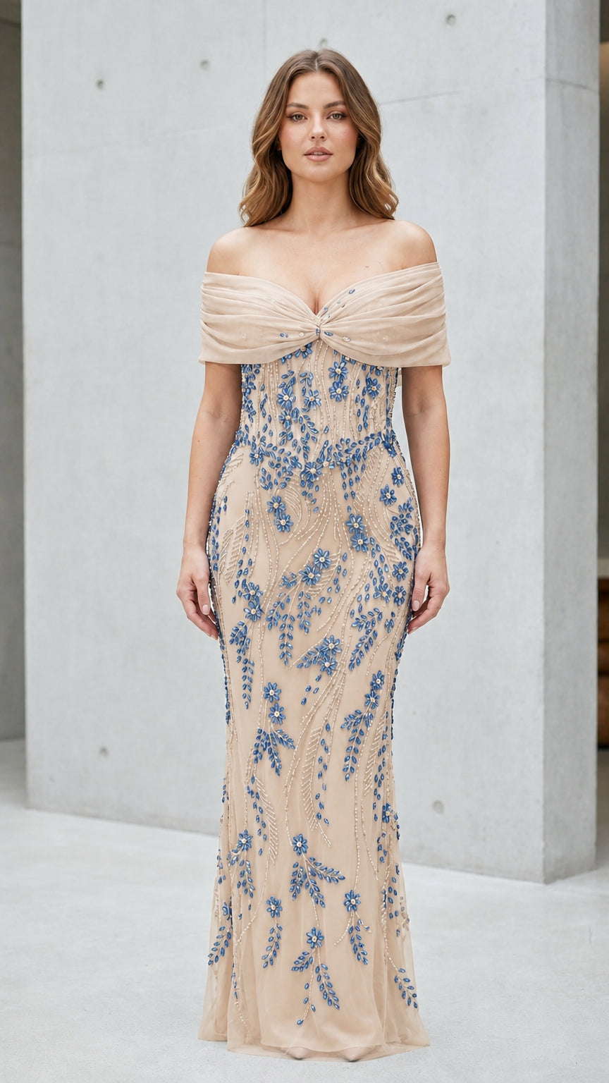 Champagne variant of Off-Shoulder Beaded Evening Gown