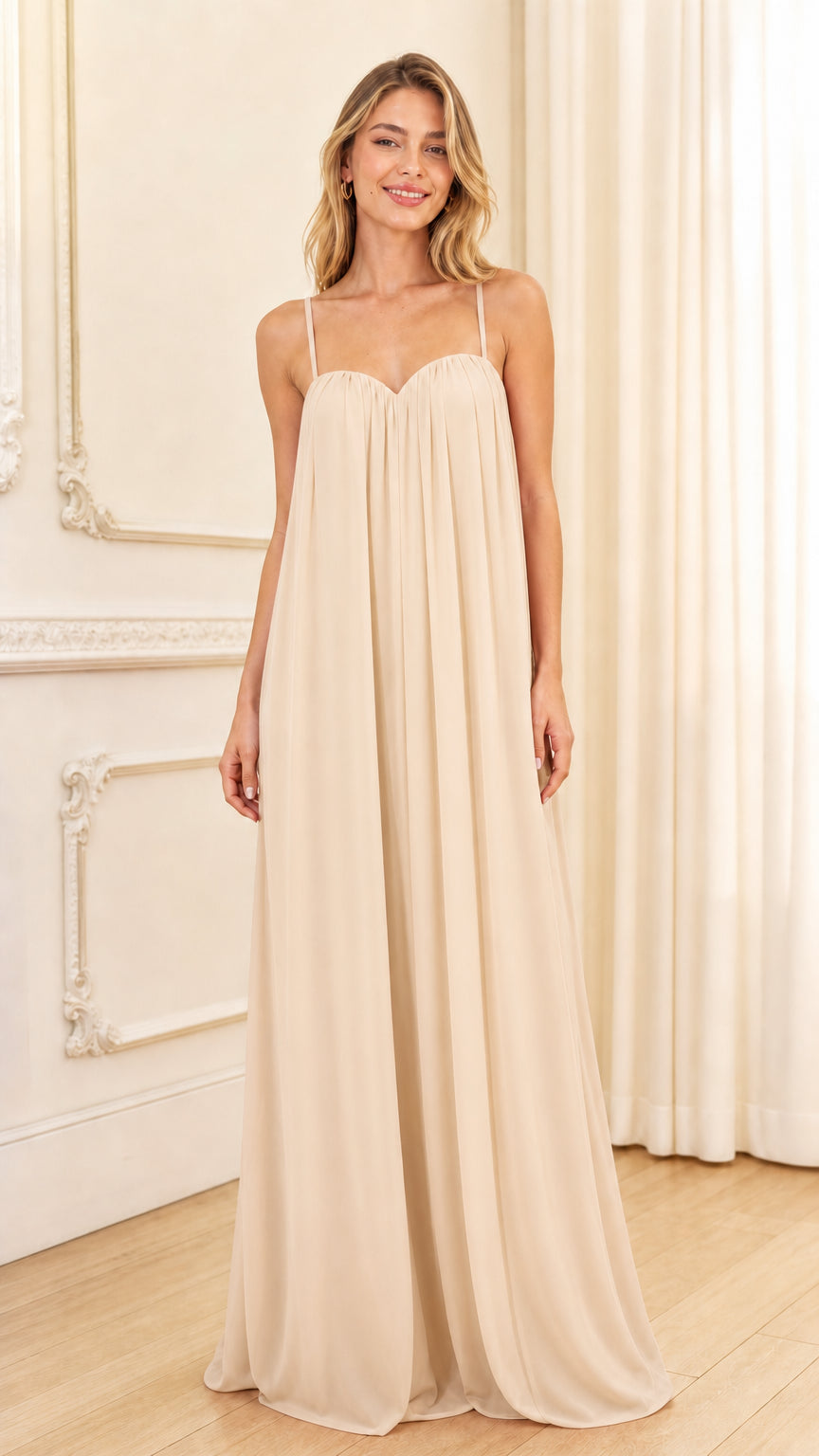Front view of beige cream maxi dress