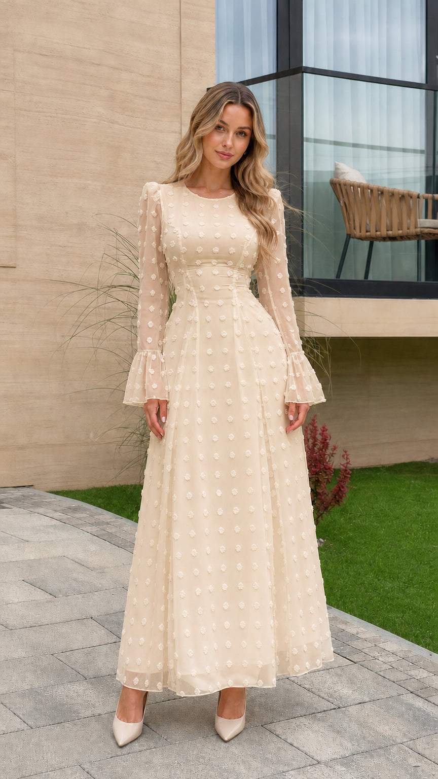 Front view of champagne beige Swiss dot bell sleeve evening dress
