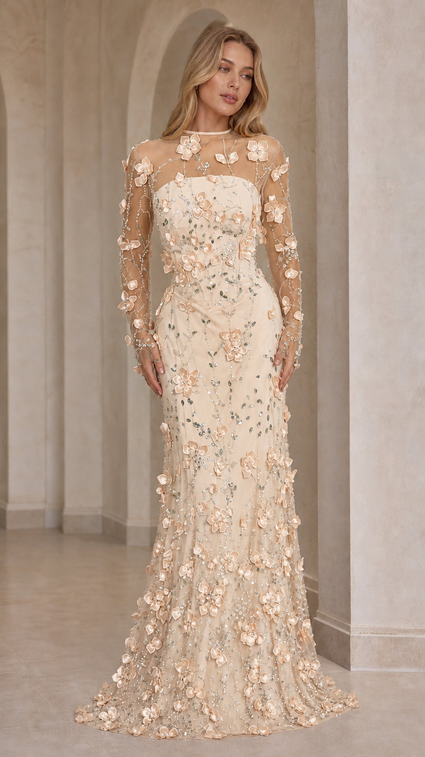 Champagne cream long sleeve evening gown with tonal 3D floral and bead embellishments