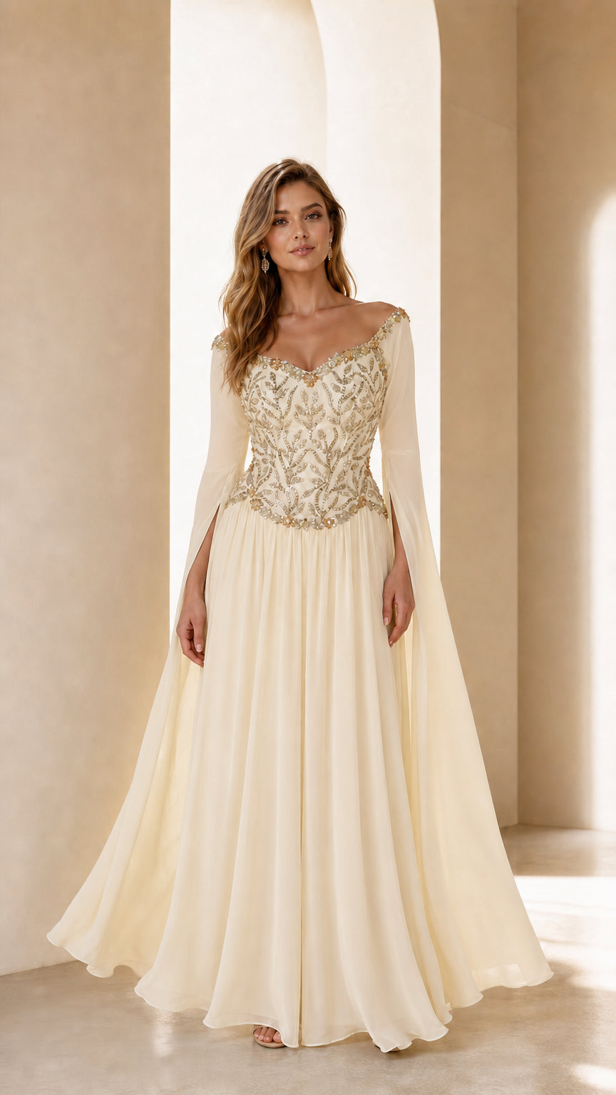 Front view of cream embellished evening gown