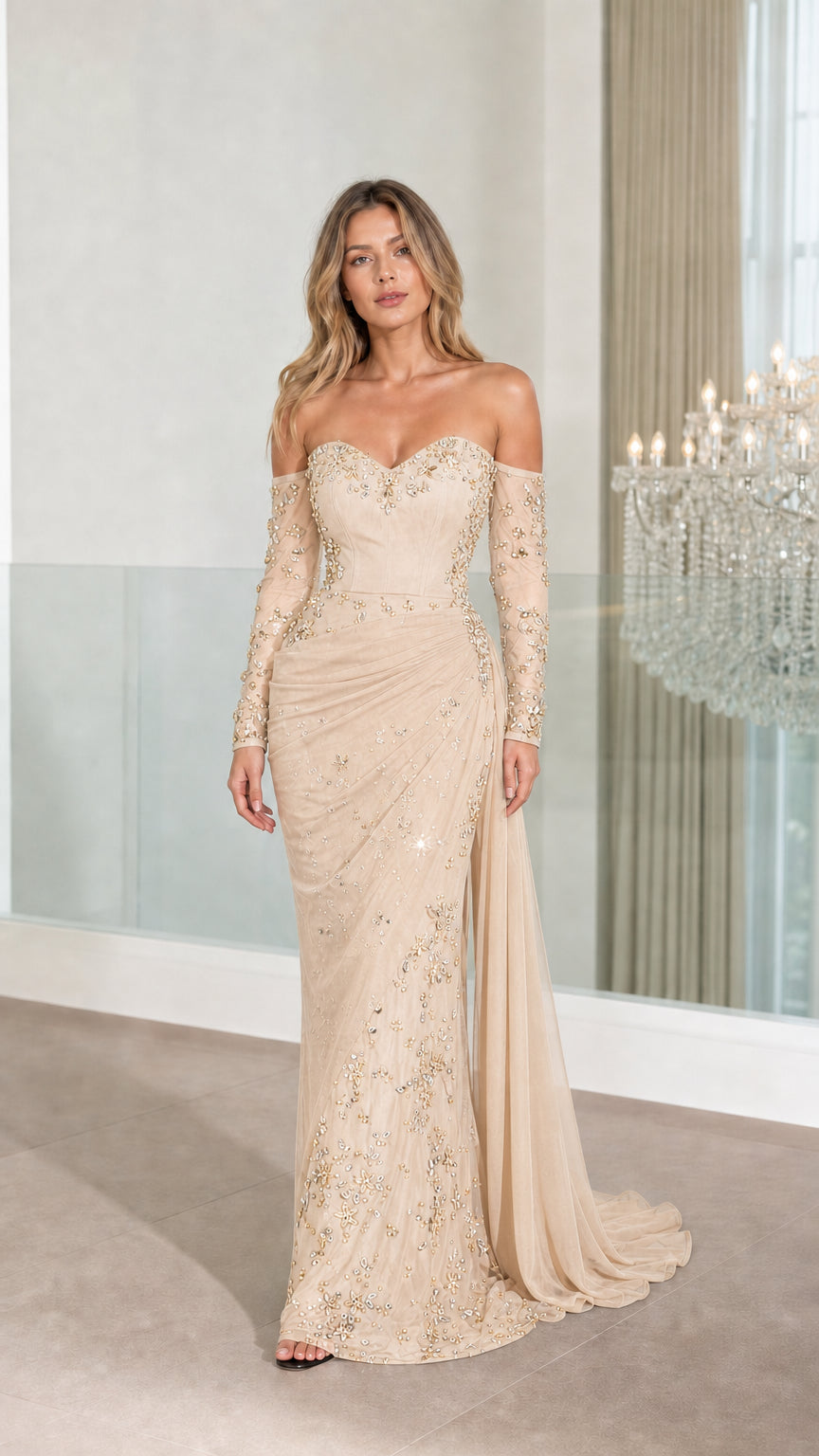 Full front view of champagne evening gown variant