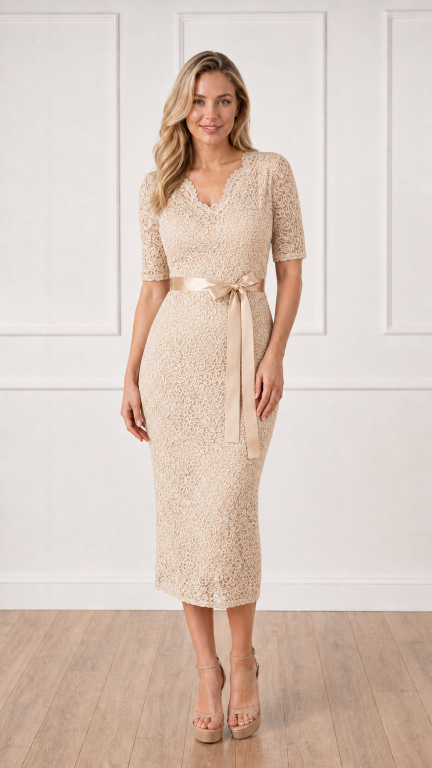 Front full view of champagne lace midi dress with satin belt