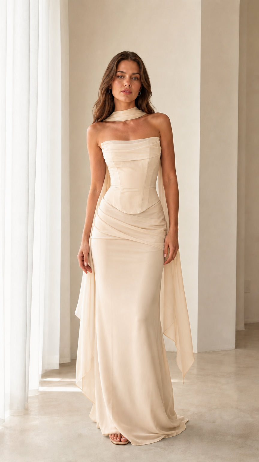 Model wearing the Champagne strapless corset evening dress